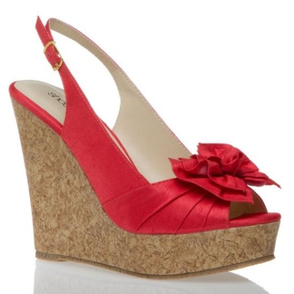 SHOEDAZZLE Bess Coral faux satin cork wedges